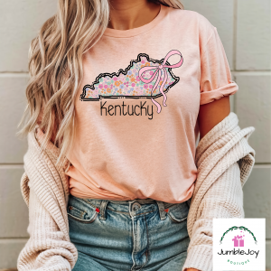 Kentucky State Outline Floral Pink Bow T-Shirt Tee