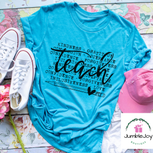 Teach Kindness Gratitude Compassion Acceptance Confidence Forgiveness Inclusiveness Love screen print T-Shirt Tee