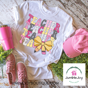 Teacher with Yellow Pencil Bow T-Shirt Tee Raglan Tank