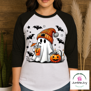 Ghost with coffee bats & pumpkin T-Shirt Tee Raglan Halloween