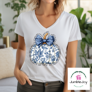 Blue Leaves Pumpkin T-Shirt Tee Blessed Thankful Grateful Faith