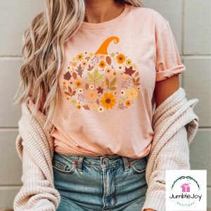 Fall Pumpkin Flowers & Leaves T-Shirt Tee