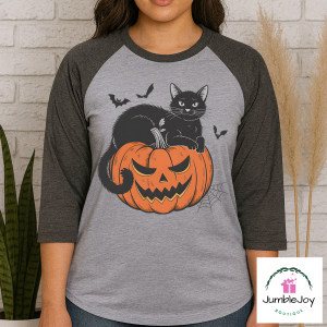 Cat on Pumpkin T-Shirt Tee Raglan Halloween