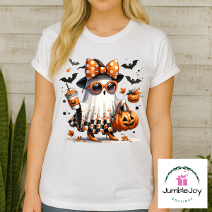 Ghost with bow, glasses, coffee, pumpkin T-Shirt Tee Raglan Halloween