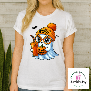 Boo! Ghost with glasses, coffee, pumpkin T-Shirt Tee Raglan Halloween