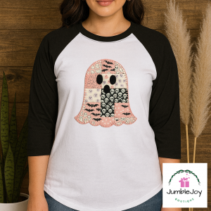 Pink Patchwork Ghost T-Shirt Tee Raglan Halloween