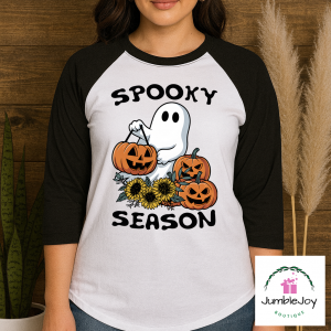 Spooky Season Ghost with Pumpkins T-Shirt Tee Raglan Halloween