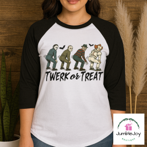 Twerk or Treat T-Shirt Tee Raglan Halloween Freddy Jason Pennywise Michael Horror Classics