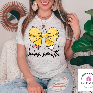 Teacher Pencil Bow Custom Name T-Shirt Tee Raglan