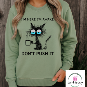 I'm Here I'm Awake Don't Push It - Sweatshirt Raglan T-Shirt Tee Cat Coffee