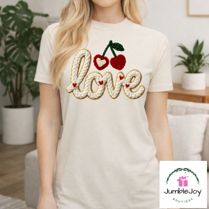 Love Cherries Valentine Faux Yarn Sweatshirt Raglan T-Shirt Tee